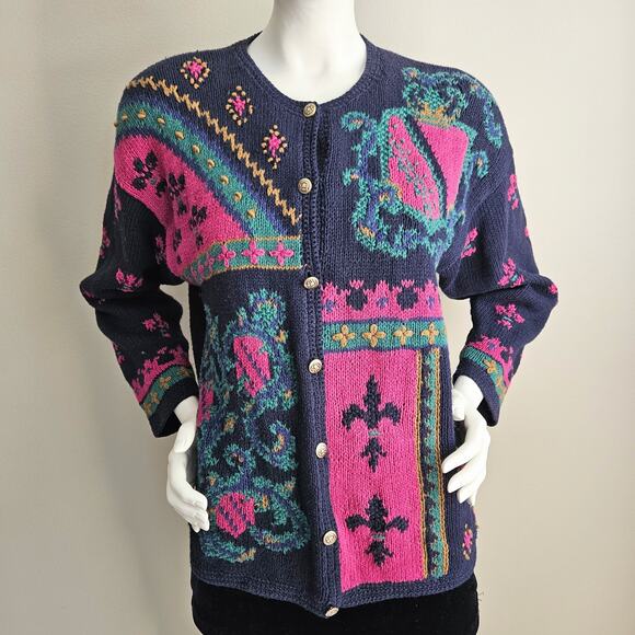 Northern Isles L Embroidered Medieval Fantasy Cardigan Sweater Whimsy Navy Blue - Picture 4 of 10